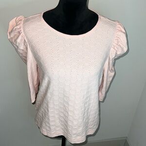 LOFT puffed sleeves cotton‎ blend peach blush textured top blouse Sz L